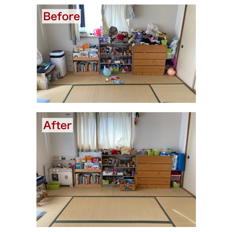 タンスの上のモノや、本棚の上のゴチャつきを減らし「今使いたいもの」に整理して収納の組み替えをすることで使いやすく綺麗な状態にした実例