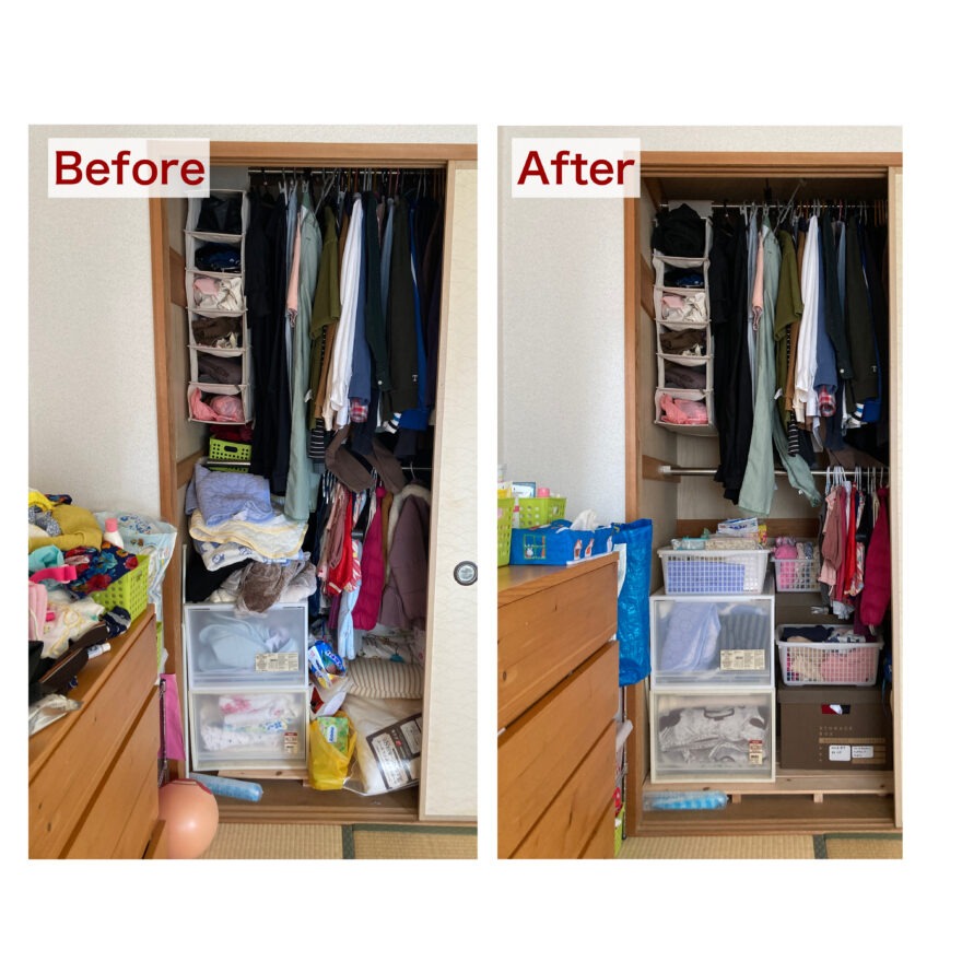 押入れの中の洋服を整理して、子どもの次シーズンに必要な服をボックス収納してスタンバイした事例