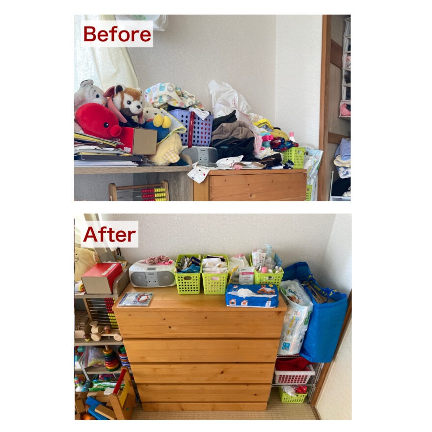 タンスの上に置くモノは、いつも使う「ケア用品」のみをボックス収納した事例