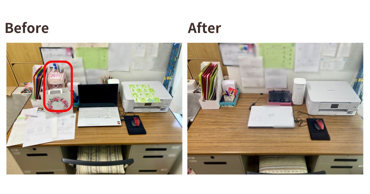 作業デスクの上の整理前（左）と整理後（右）の比較画像。整理前は書類や収納ボックスが多く置かれているが、整理後はスッキリと片付き、作業スペースが広く取られている。