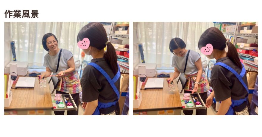 整理収納アドバイザーが引き出しの整理について説明している様子。笑顔で説明しながら、一緒に引き出しを準備しているシーン。