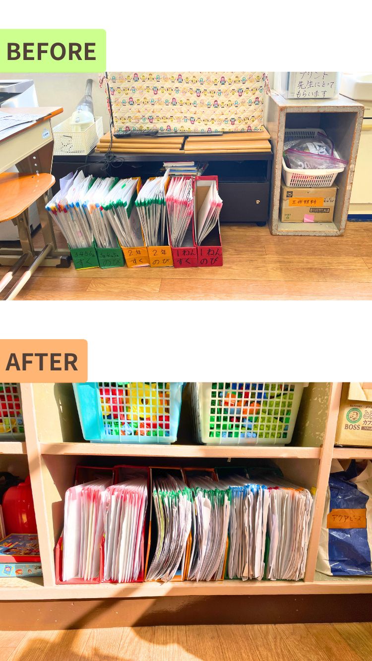 プリントや書類を個人ごとにファイルし、学年ごとにファイルボックスを立てて収納したビフォーアフターの様子。棚の中にまとめて入れることで見た目も使いやすさも改善されました