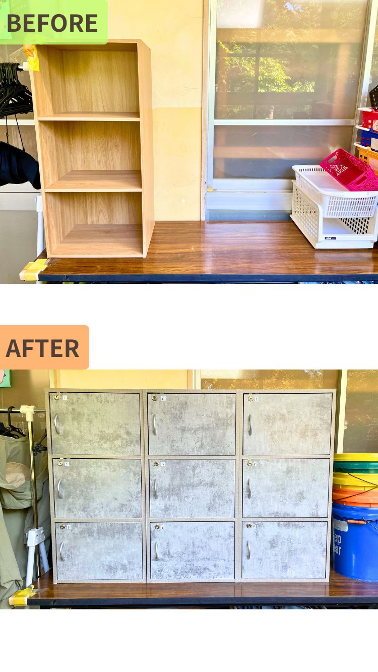 木製のオープン棚を撤去し、そのスペースに鍵付きのロッカーを複数設置したビフォーアフター。 開いた収納を扉付きに変えることで、中身が見えず安全性と鍵付きセキュリティが向上し、個人の物品管理がしやすくなりました。