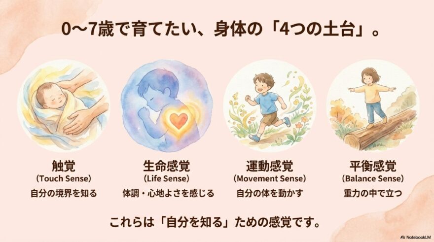 0〜7歳で育てたい身体の4つの土台(触覚・生命感覚・運動感覚・平衡感覚)をイラストで示した図。それぞれの感覚の役割として、自分の境界を知る、心地よさを感じる、体を動かす、重力の中でバランスをとることが説明されている。