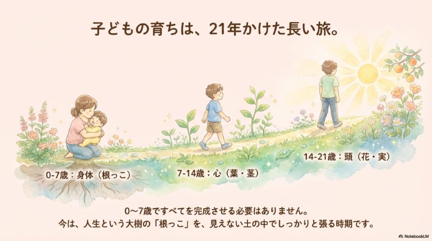 成長の成長を21年の旅として表現したイラスト。0〜7歳は「身体（根っこ）」、7〜14歳は「心（葉・茎）」、14歳