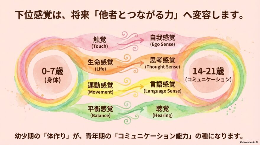 0〜7歳で育つ下位感覚（触覚・生命感覚・運動感覚・平衡感覚）が、14〜21歳の上位感覚（自我感覚・思考感覚・言語感覚・聴覚）へと発達し、他者とつながるコミュニケーション能力へとつながる流れを示した図。