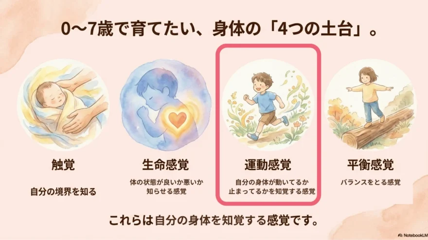 シュタイナー教育の12感覚論における下位感覚のうち、触覚・生命感覚・運動感覚・平衡感覚を紹介し、今回のテーマである運動感覚を赤枠で強調して示したスライド。