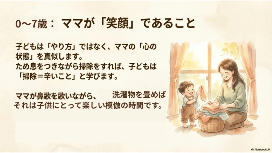 シュタイナー教育の運動感覚の考え方として、0〜7歳の子どもは親の行動よりも心の状態を模倣するため、母親が楽しみながら家事をする姿が子どもの学びにつながることを説明しているスライド。
