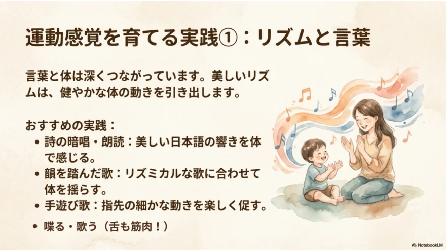 シュタイナー教育の運動感覚の実践例として、親子で手遊びや歌を楽しみながら、美しい日本語の響きやリズムを体で感じる活動を紹介しているスライド。