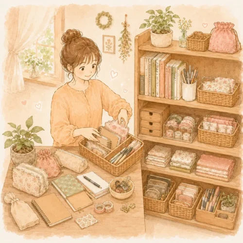理想的なお片付けを表現した「整頓の成功例」のイラスト。お気に入りの文房具や布が、使いやすく見た目も美しくカゴに収まっている様子