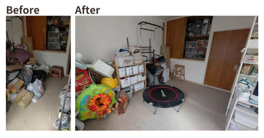 4LDK戸建のオンライン片付け支援:散らかった部屋から健康器具をすっきり配置した広々とした部屋へ