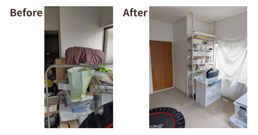 4LDK戸建のオンライン片付け支援:散らかった部屋から健康器具をすっきり配置した広々とした部屋へ