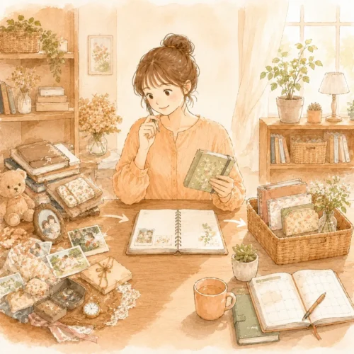 暮らしや持ち物を見直すための「整理の考え方」を解説するイラスト。ノートを開いて、何をのこすか計画を立てる女性の様子