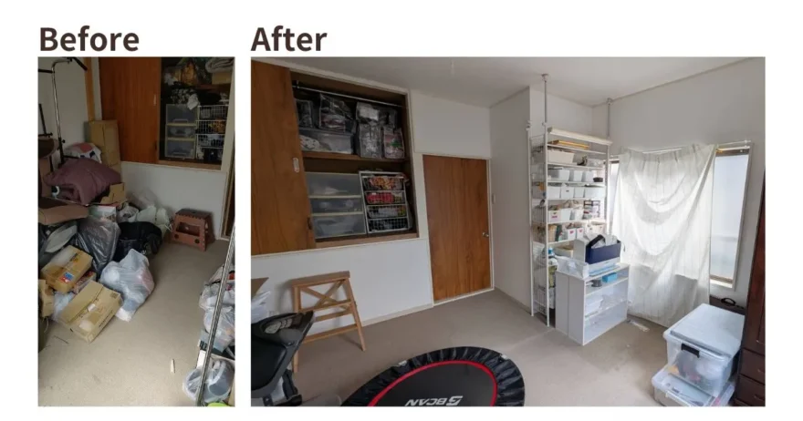 4LDK戸建のオンライン片付け支援:散らかった部屋から健康器具をすっきり配置した広々とした部屋へ