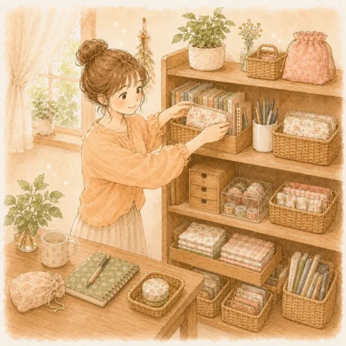 部屋の片付けにおけるビフォーアフターを解説するイラスト。散らかった状態から、すっきりと10分で片づく仕組みへの変化を表現
