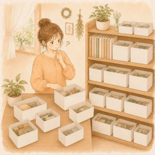 お片付け講座で使われる「整頓の失敗例」のイラスト。ただ同じ白い収納ケースに詰め込むだけになってしまい、中身が分からず悩む女性