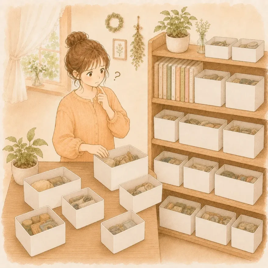 お片付け講座で使われる「整頓の失敗例」のイラスト。ただ同じ白い収納ケースに詰め込むだけになってしまい、中身が分からず悩む女性