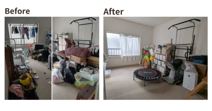 4LDK戸建のオンライン片付け支援:散らかった部屋から健康器具をすっきり配置した広々とした部屋へ