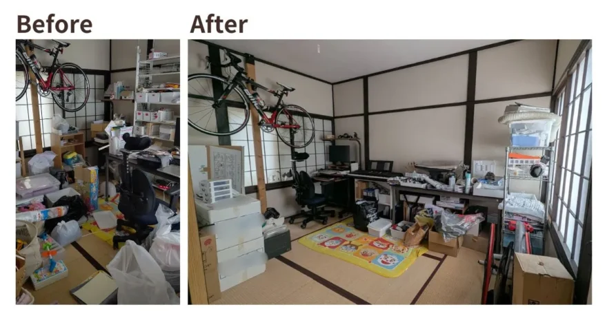 【ビフォーアフター比較】4LDK戸建のオンライン片付け支援:散らかった部屋から健康器具をすっきり配置した広々とした部屋へ
