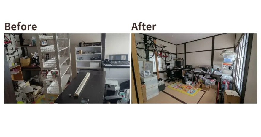 4LDK戸建のオンラインお片付けビフォー:洗濯物や家電・日用品で足の踏み場がない部屋から、オンラインお片付けサポート後の和室:ロードバイクやPCデスク、電子キーボードを使いやすく配置した快適な作業部屋になった様子