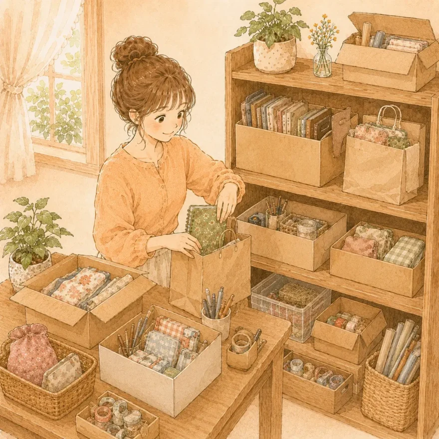 整理収納の基本ステップである「モノの分類」を説明して「仮に空き箱や袋で収納位置を検討する」イラスト。必要なモノと手放すモノを机の上で仕分けている手順の解説